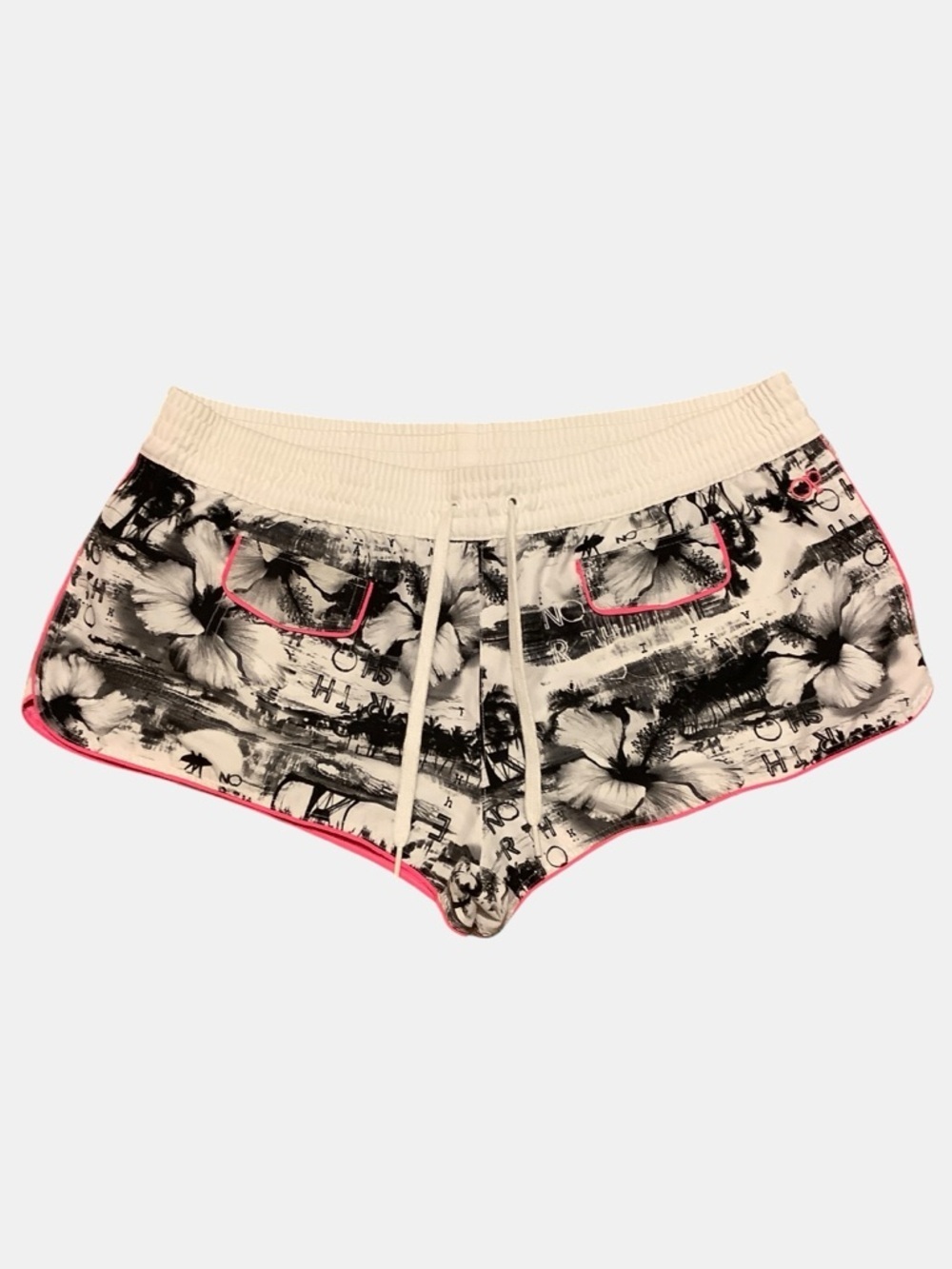OP Floral Beach Shorts XL Black White Pink Trim Tropical Y2K Surf
